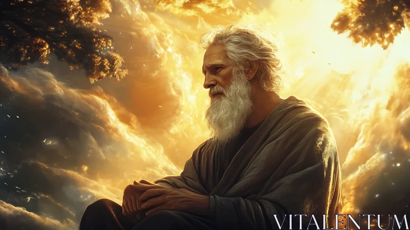 Elder sage draped in sunlight above stormlit golden clouds.