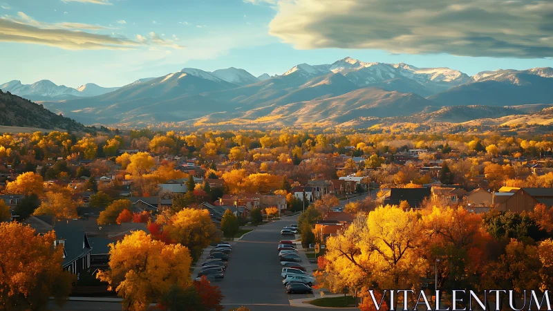 Golden autumn town drifting toward peaceful mountain horizons.