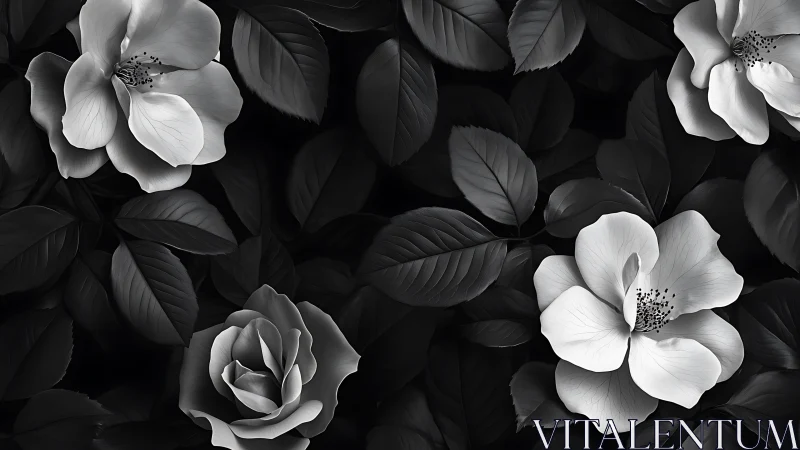 Ivory Blooms Dance Through Shadows in Monochrome Garden.