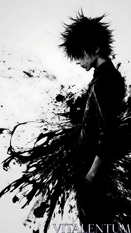 Solitary ink covered figure in stark monochrome profile.