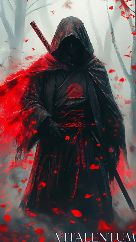 Hooded katana sentinel in blood-red particulate vortex field.
