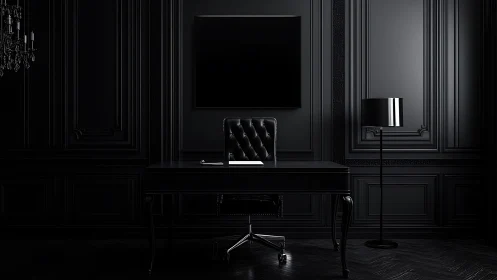 Moody black home office wrapped in quiet luxury and calm.