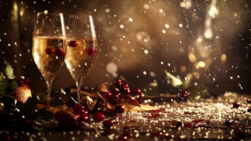 Photorealistic holiday champagne tableau with falling snow.