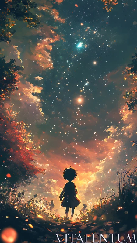 Child beneath cosmic sky walks a glowing forest path
