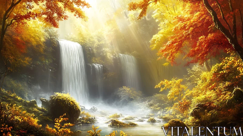 Sunlit autumn cascades in a golden storybook forest.