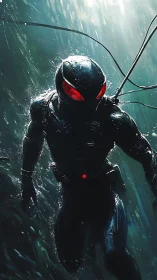 Hydrodynamic exosuit diver with red optical sensors ascends through turbulence