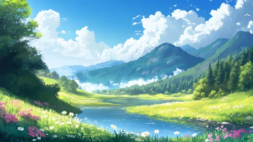 Sunlit alpine river valley under sweeping summer clouds.