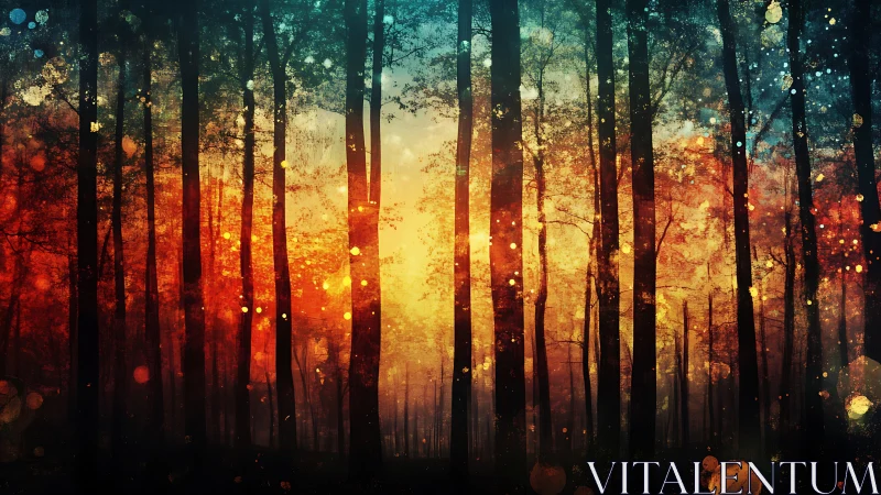 Enchanted Forest at Sunrise with Magical Light.