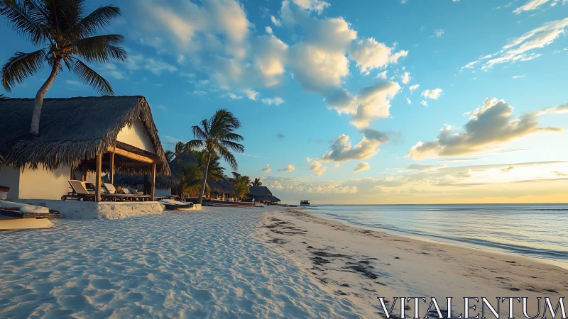 Tropical Beach Resort at Golden Hour with Thatch-Roof Bungalow Architecture
