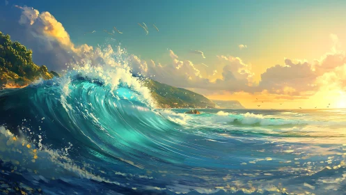 Vivid turquoise wave curling toward a bright coastal sunset.