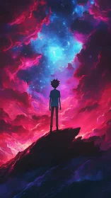 Silhouetted figure contemplates a luminous cosmic sky