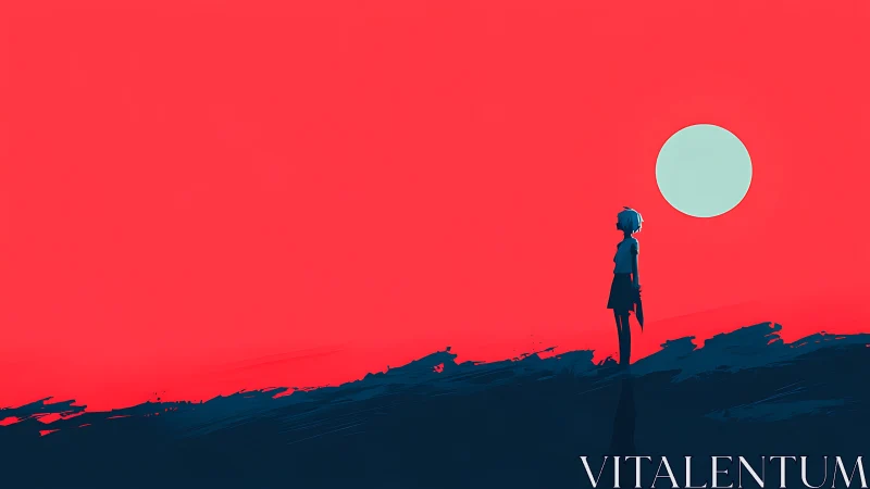 Solitary anime figure under turquoise sun on red sky.