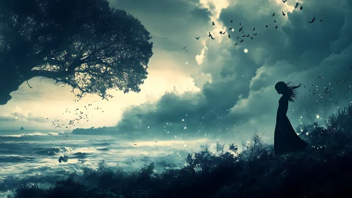 Stormlit shore dreamscape with lone silhouette and wild sky.