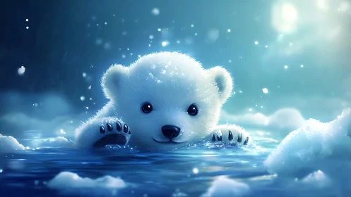 Snowkissed polar cub paddling through dreamy arctic glow.