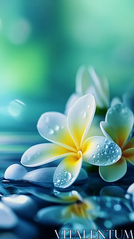White Plumeria Petals Adorned with Morning Dew.