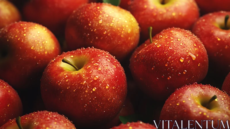 Close-up shows water droplets on multiple red apples