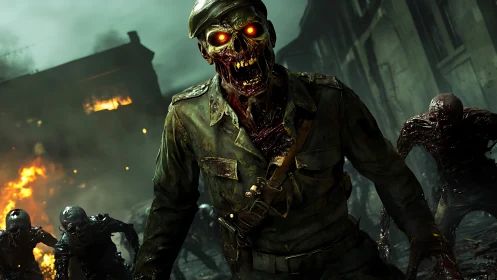Undead soldier advances through burning urban war zone