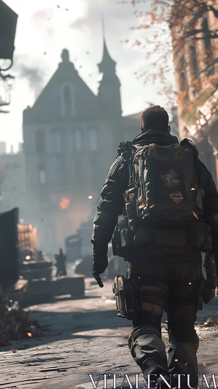 Tactical soldier walks through ruined urban street scene.