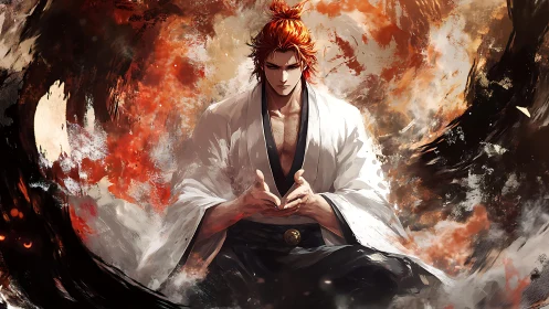 Fiery warrior in calm focus within swirling stormlight.