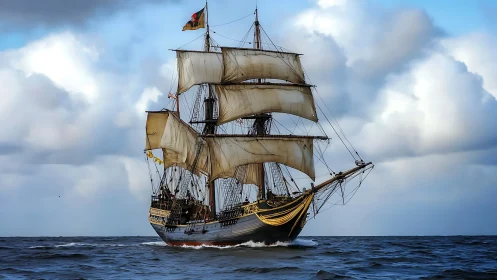 Stormbound tall ship rides the steel-blue ocean horizon.