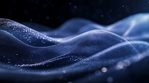 Rendered particle waves form layered undulating blue surfaces