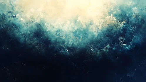 Abstract blue and cream atmospheric painting with dramatic lighting.