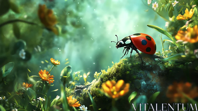 Ladybug on mossy branch amid soft green bokeh garden.