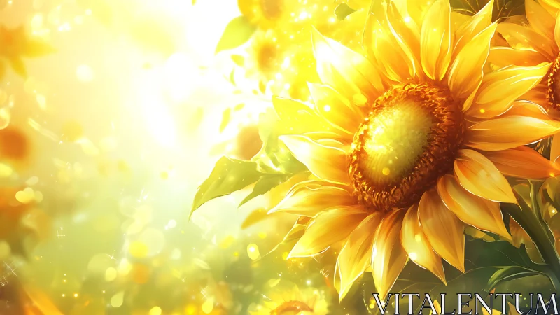 Radiant sunflowers glowing in luminous golden haze.