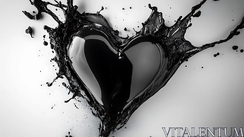 Liquid heart shape rendered as black fluid splash composition