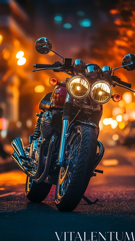 Retro-styled motorcycle on urban street at dusk with bokeh.