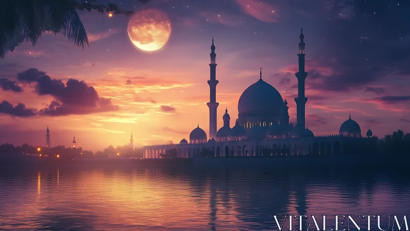 Lakeside mosque silhouette under moonlit twilight sky