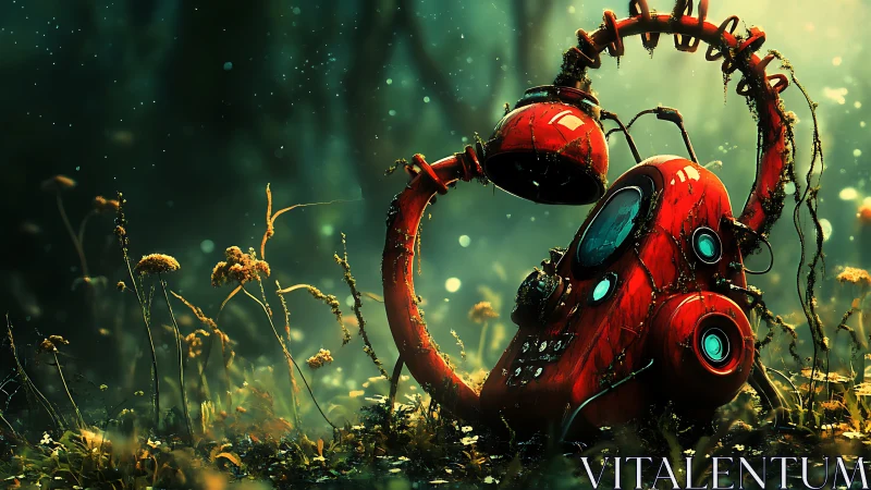 Rusting red robot phone decays quietly in misty forest