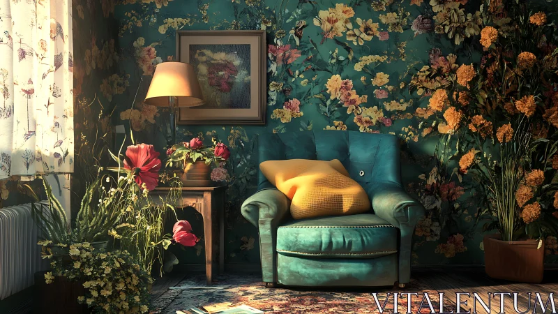 Turquoise armchair in dense floral living room corner