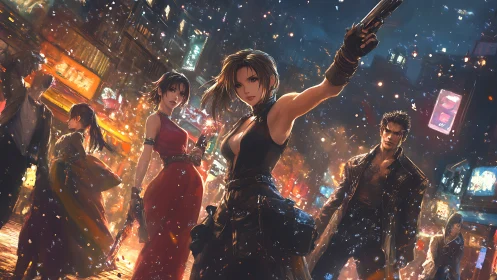 Bold heroes stand united in a neon city snowstorm at night