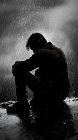 Silhouetted figure sits alone in heavy nighttime rain
