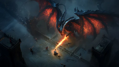 Firelit dragon showdown above a crumbling stone fortress.