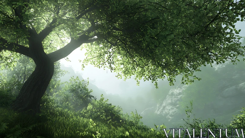 Sunlit forest hillside with a graceful, sheltering tree.