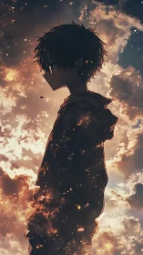 Silhouetted anime boy dissolves into glowing sunset sky.
