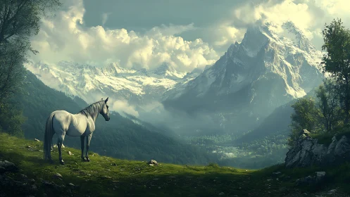 White horse overlooking vast snowcapped mountain valley.