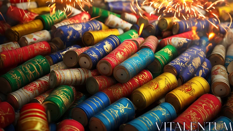 Photoreal fireworks rolls in dense chromatic cluster composition.