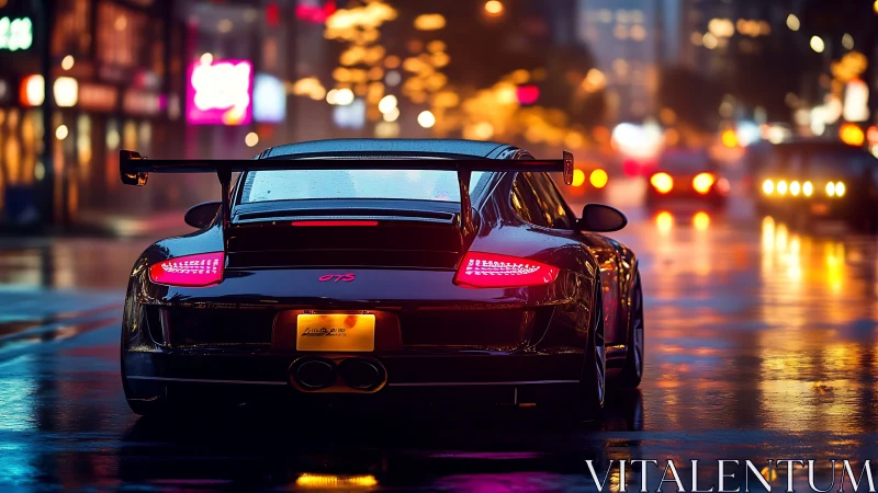 Sleek sports car glowing on a rainy neon city street at night.