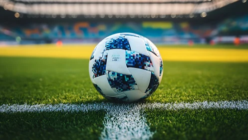 Soccer ball on sideline marking bright modern stadium pitch.