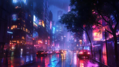 Neon lit urban street at night under steady rainfall.