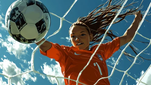 Dynamic save by young soccer goalkeeper under blue sky.