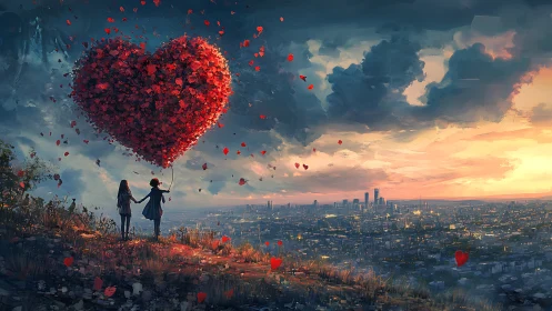 Two figures hold massive floating heart composed of scattered particles.