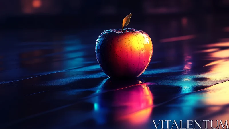 Glossy digital apple reflects neon light on wet surface