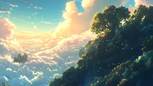 Sunlit cliff forest above glowing sea of clouds at dawn