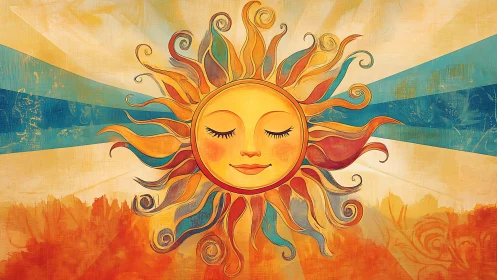 Stylized sun with human face on textured radial background.