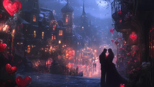 Luminous Gothic Romance: Neon Hearts in Medieval Cityscape