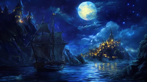 Moonlit Harbor: Sailing Ship and Illuminated Castles